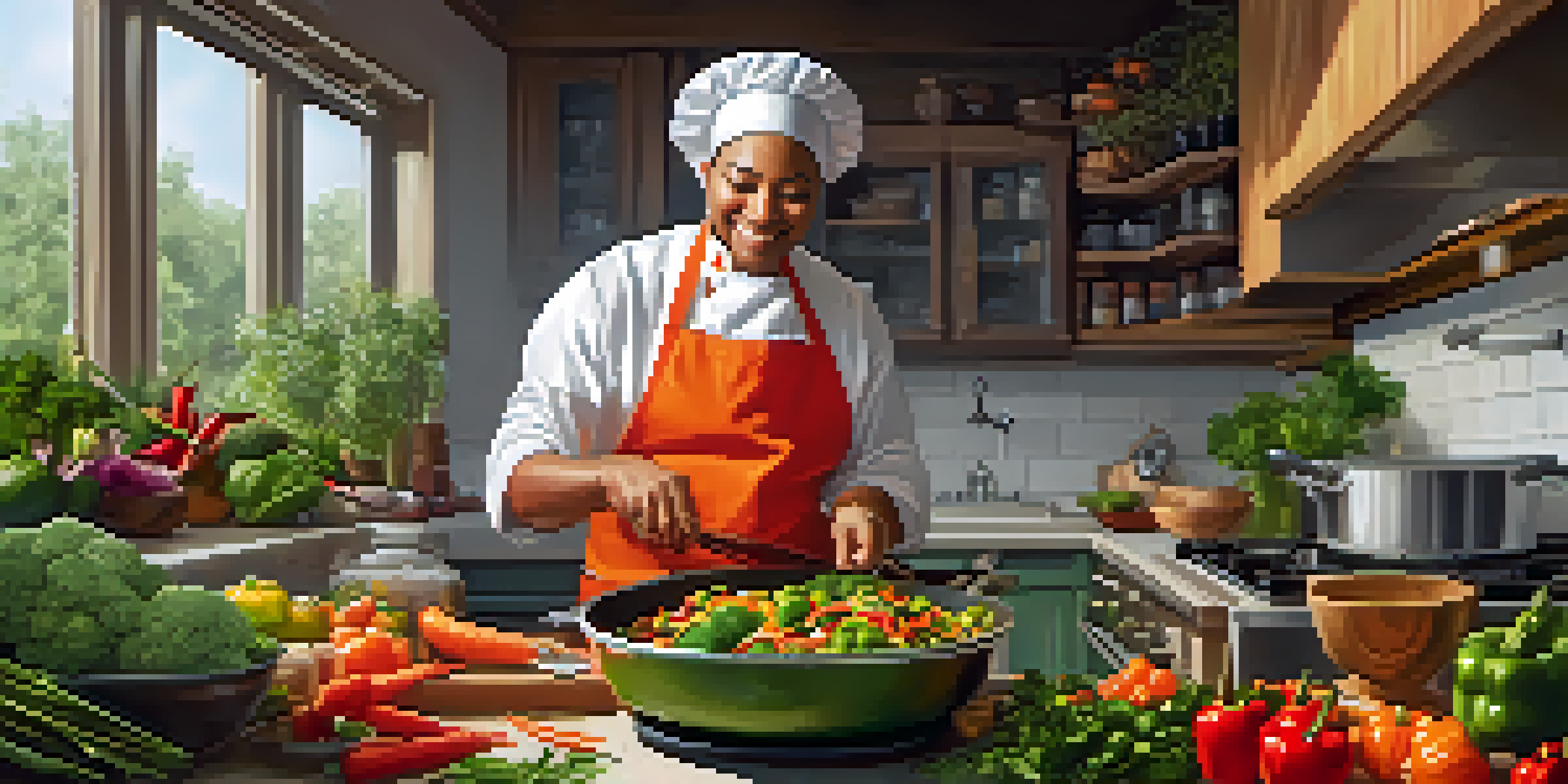 A beginner cook joyfully preparing a colorful vegetarian stir-fry in a vibrant kitchen filled with fresh vegetables and natural light.