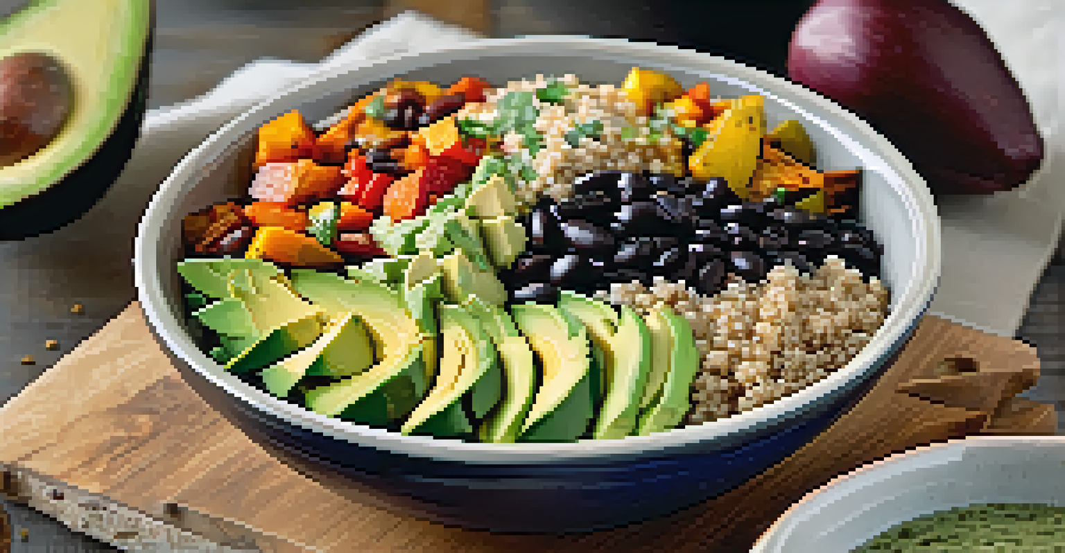 A delicious grain bowl filled with quinoa, roasted vegetables, black beans, and avocado, arranged on a wooden surface with dressing drizzled on top.