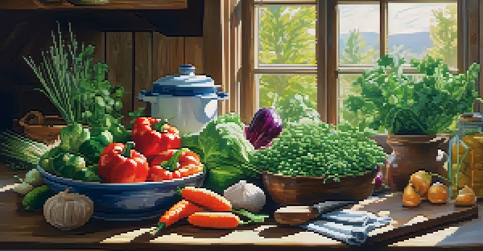 A bright and warm kitchen table filled with fresh vegetables and grains, bathed in sunlight.