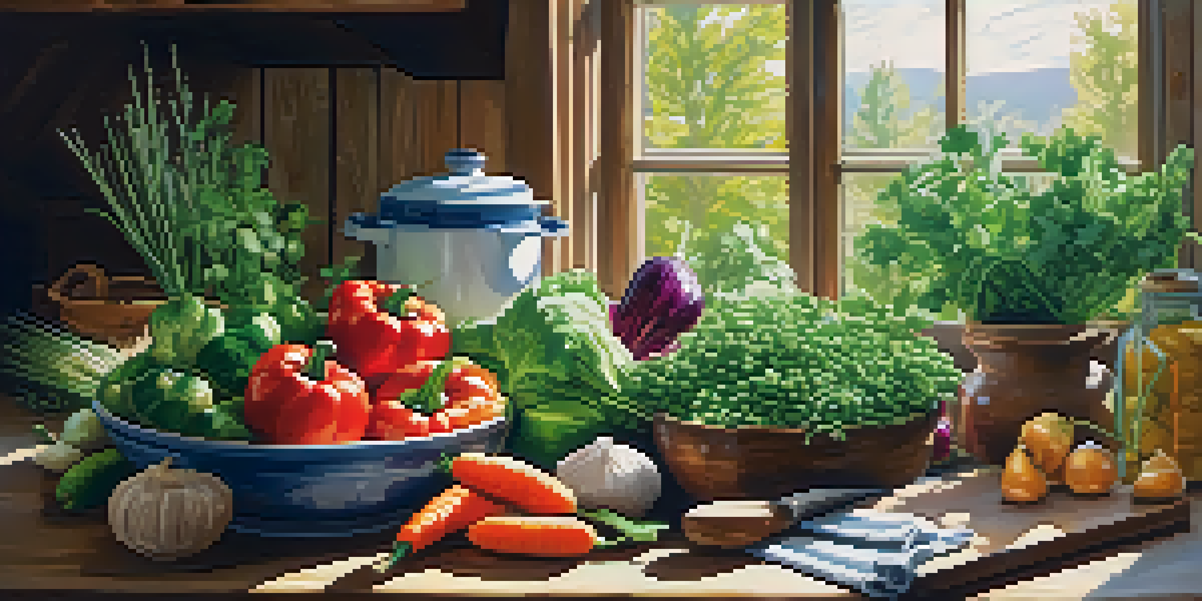 A bright and warm kitchen table filled with fresh vegetables and grains, bathed in sunlight.