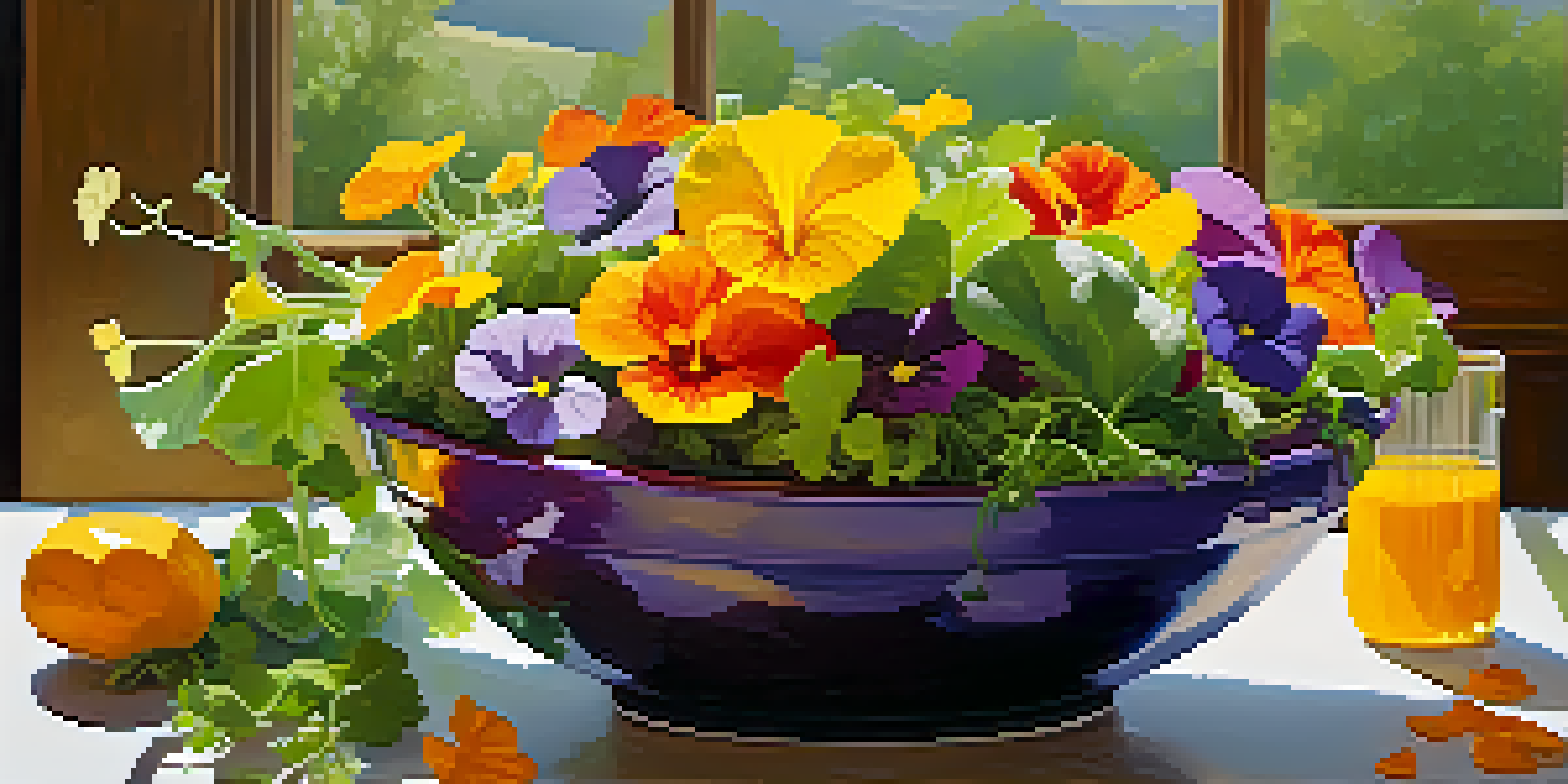 A colorful salad bowl with fresh greens and various edible flowers, garnished with a light vinaigrette dressing, set on a wooden table with sunlight casting soft shadows.