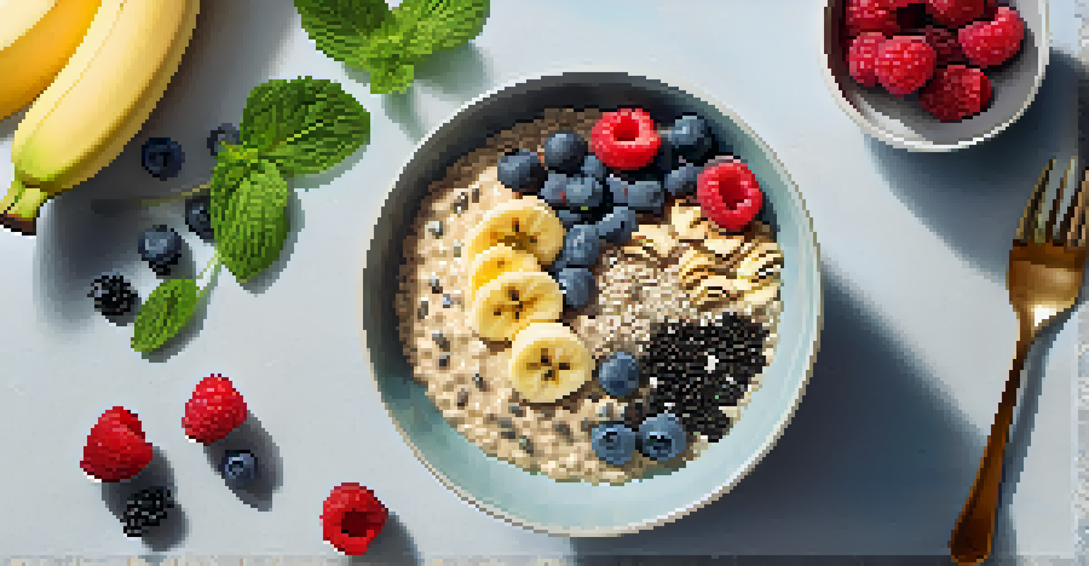 An overhead view of a healthy breakfast bowl with oatmeal, bananas, and berries, illuminated by morning sunlight.