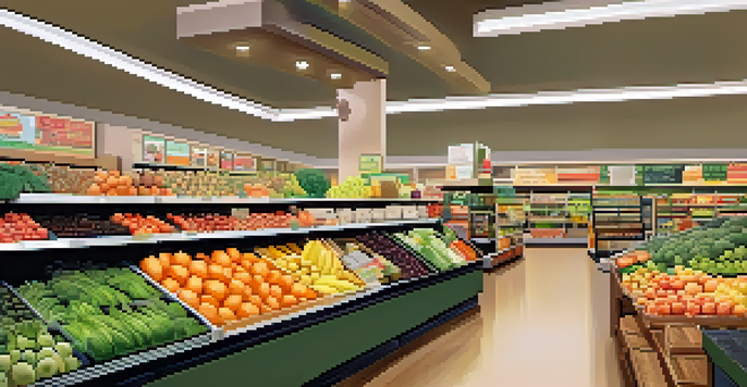 A grocery store aisle filled with fresh fruits and vegetables in various colors, with shoppers selecting items under bright lights.