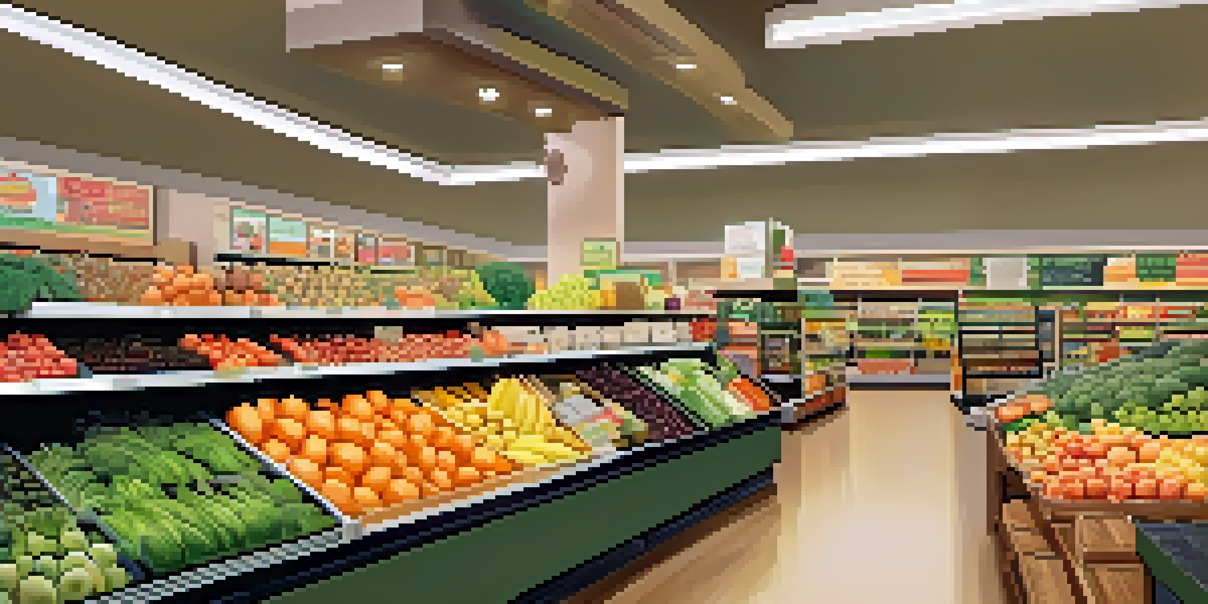 A grocery store aisle filled with fresh fruits and vegetables in various colors, with shoppers selecting items under bright lights.