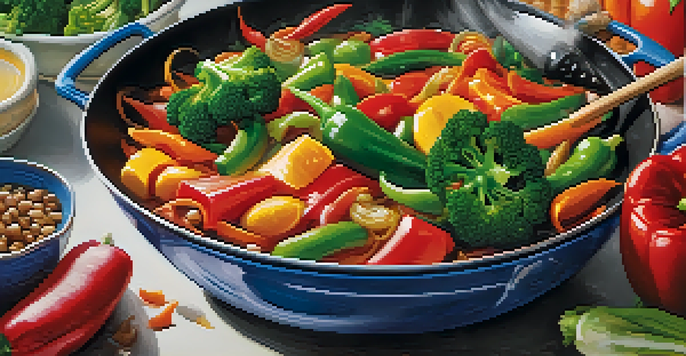 A colorful stir-fry with vegetables in a wok, being tossed with a spatula, creating a lively cooking scene.