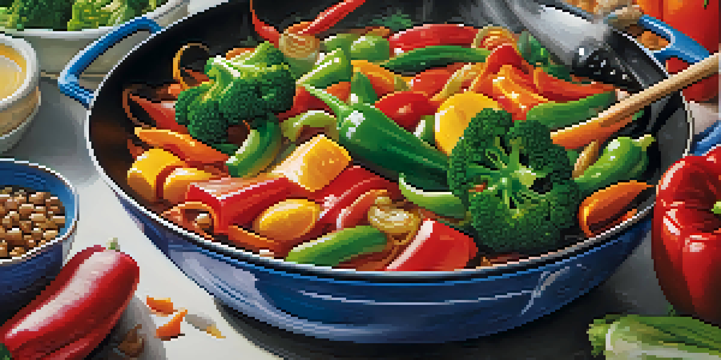 A colorful stir-fry with vegetables in a wok, being tossed with a spatula, creating a lively cooking scene.