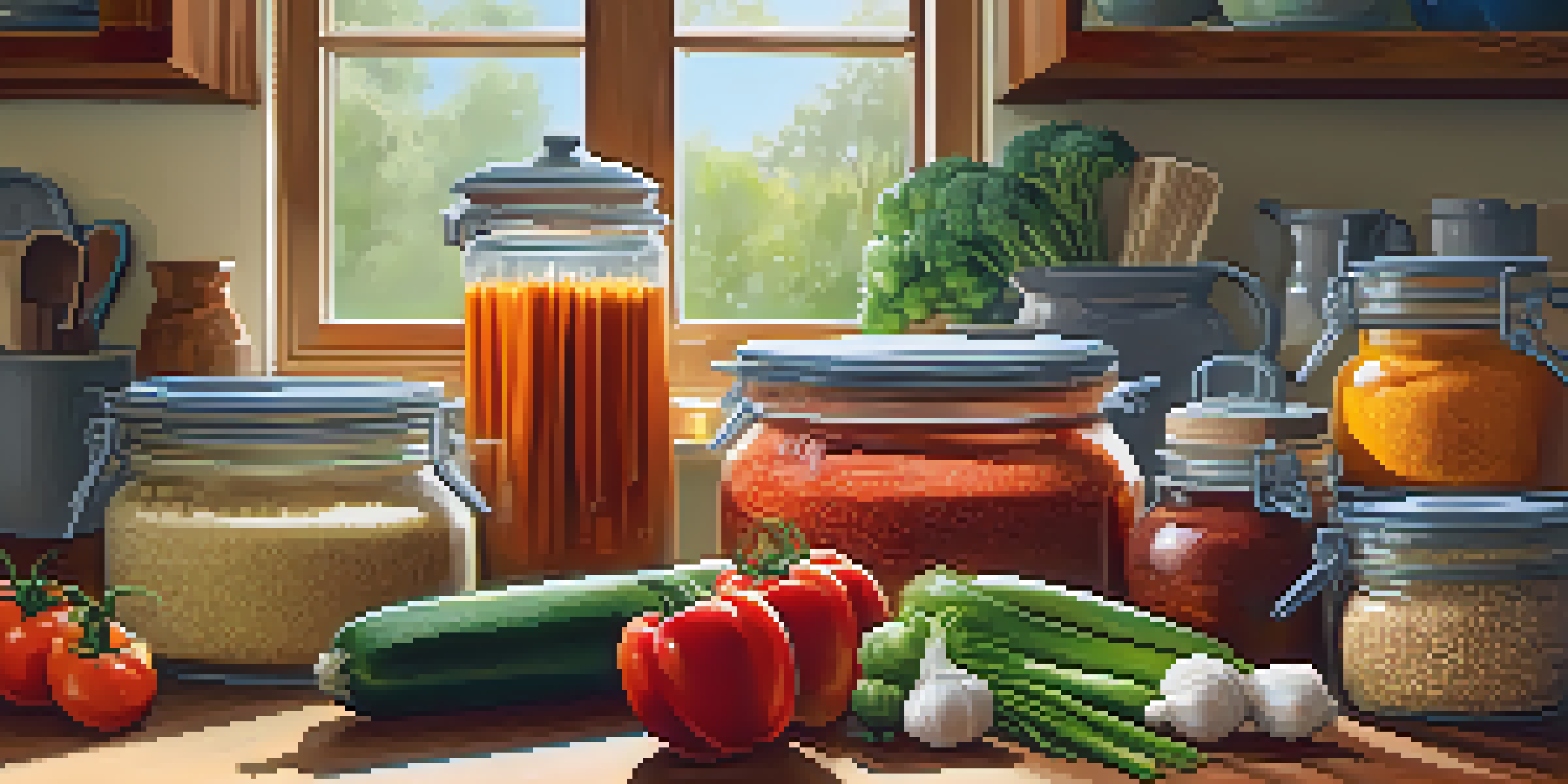 A kitchen filled with fresh vegetables, grains, and spices arranged on a wooden countertop, illuminated by soft natural light.