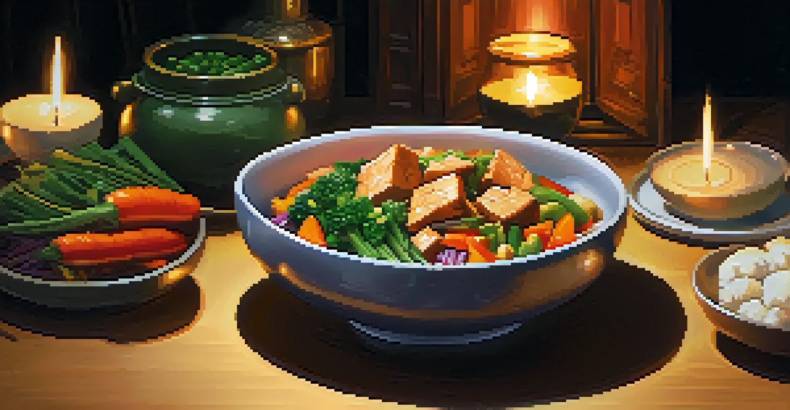 A delicious stir-fry with fermented tofu and vegetables, served in a bowl with candlelight ambiance.