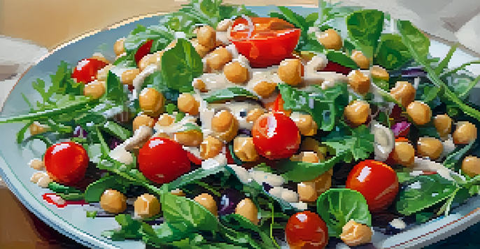 A colorful salad bowl with chickpeas, greens, tomatoes, and cucumbers, illuminated by warm natural light.