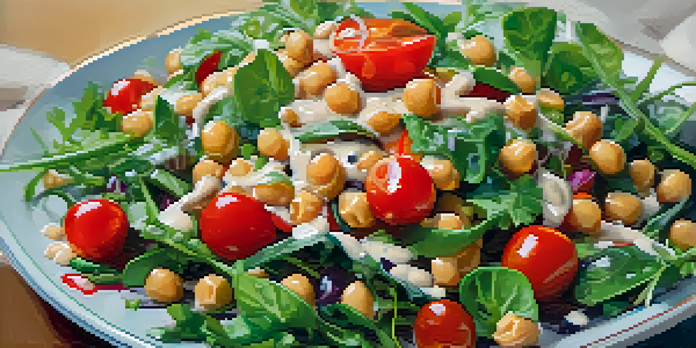 A colorful salad bowl with chickpeas, greens, tomatoes, and cucumbers, illuminated by warm natural light.