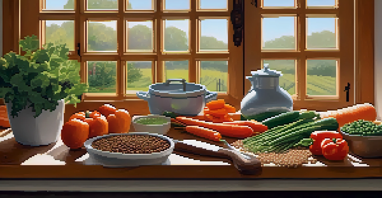 A warm kitchen table filled with fresh vegetables and legumes, ready for preparing a vegetarian meal in soft sunlight.