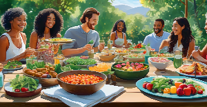 A lively outdoor potluck with friends enjoying a variety of colorful vegetarian dishes on a wooden table, surrounded by greenery.