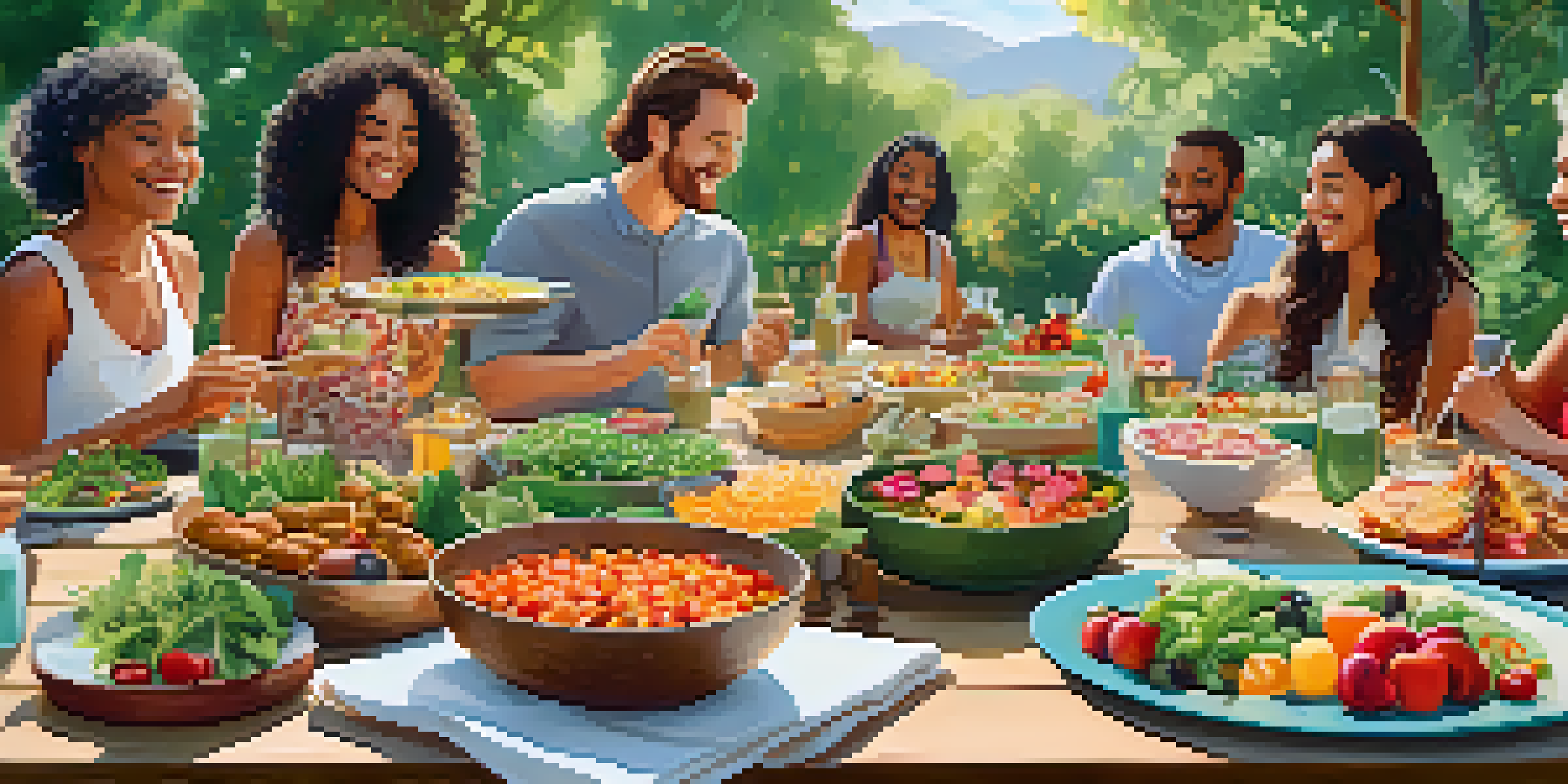 A lively outdoor potluck with friends enjoying a variety of colorful vegetarian dishes on a wooden table, surrounded by greenery.