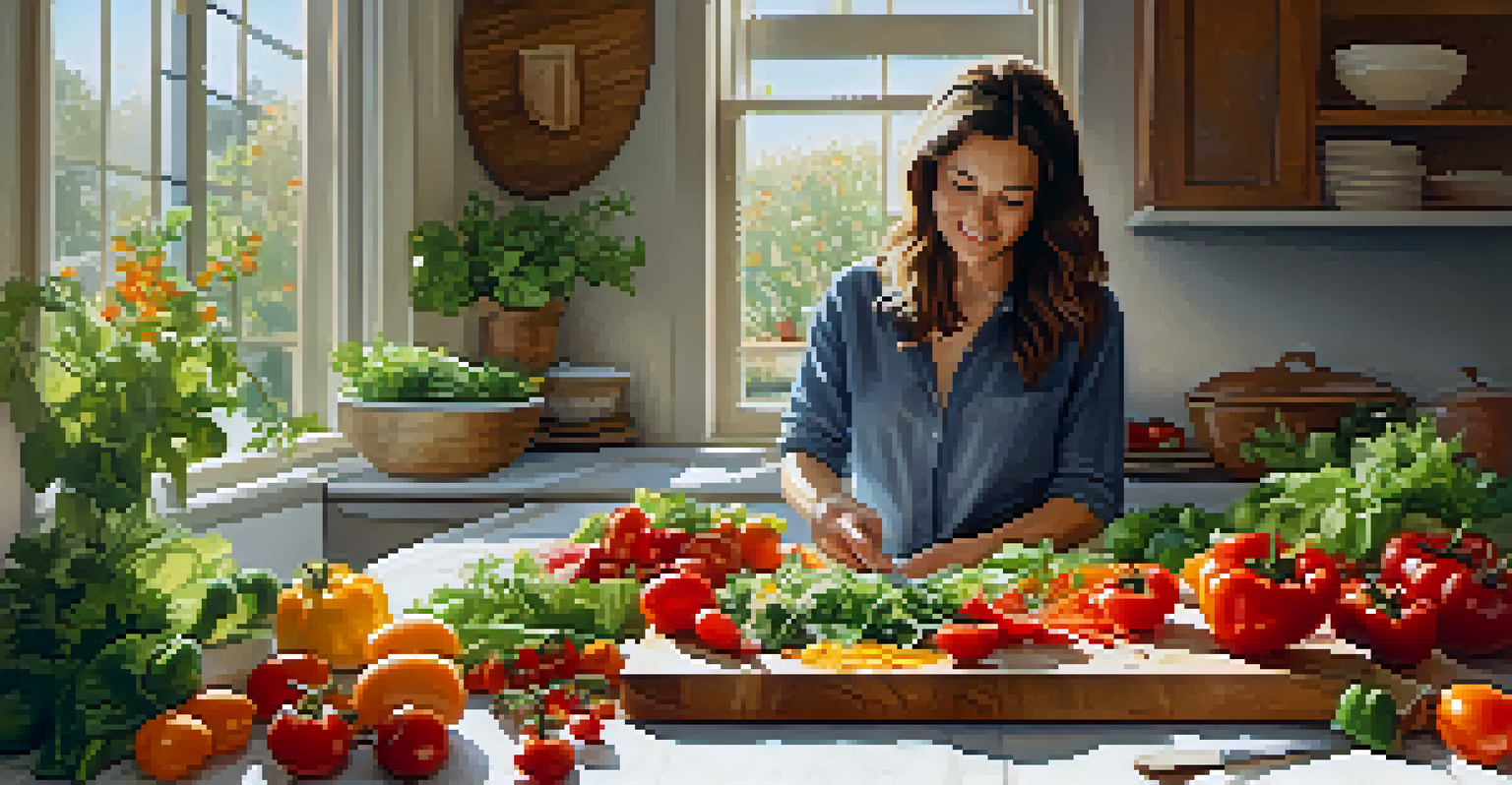 A warm kitchen setting featuring a person preparing a vibrant salad with fresh seasonal vegetables.