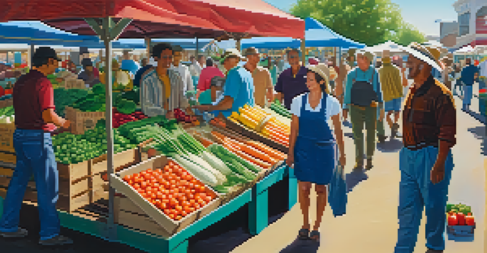 A lively farmer's market with colorful vegetables and fruits, sunny weather, and diverse people engaging with the stalls.