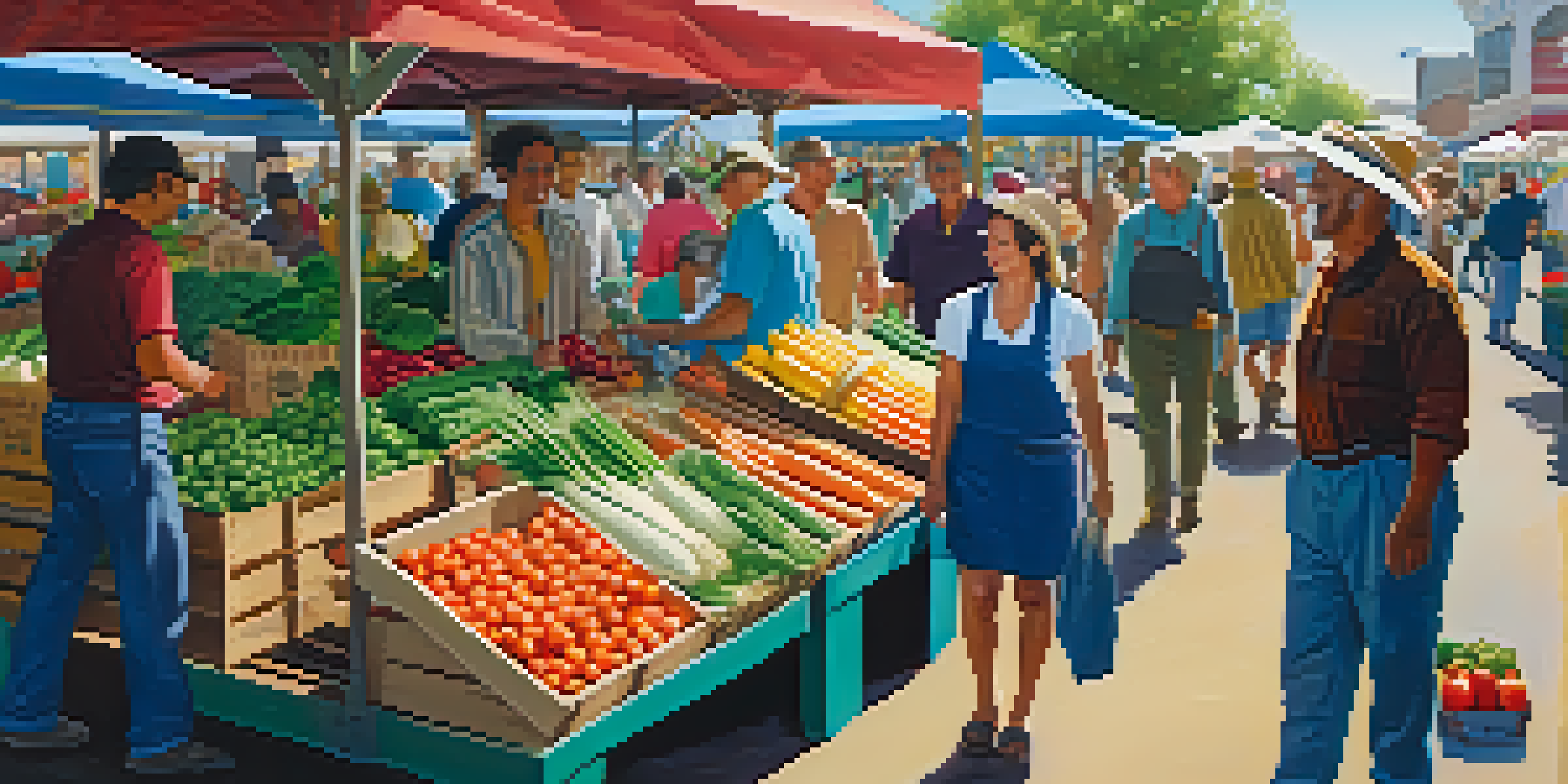 A lively farmer's market with colorful vegetables and fruits, sunny weather, and diverse people engaging with the stalls.