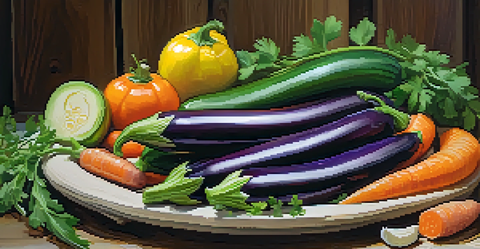A colorful platter of marinated vegetables including eggplants, zucchini, and carrots, drizzled with olive oil and garnished with herbs on a wooden table.