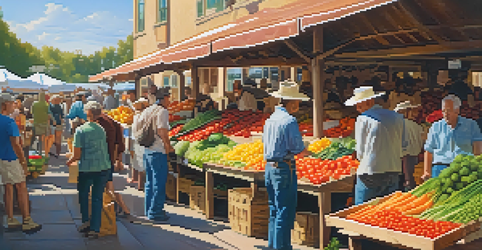 A lively farmer's market with colorful vegetables and fruits, people shopping and chatting under warm sunlight.