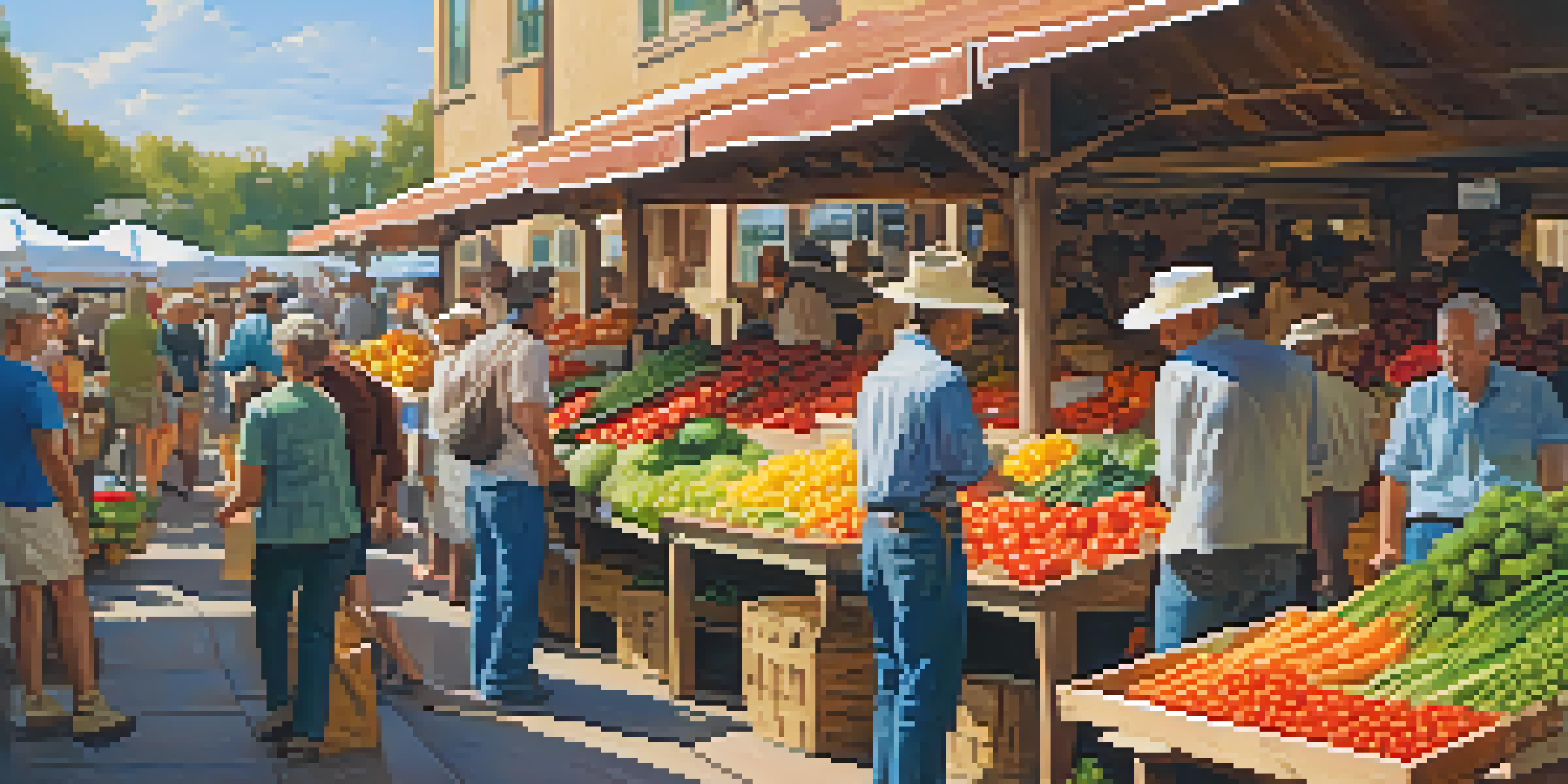 A lively farmer's market with colorful vegetables and fruits, people shopping and chatting under warm sunlight.