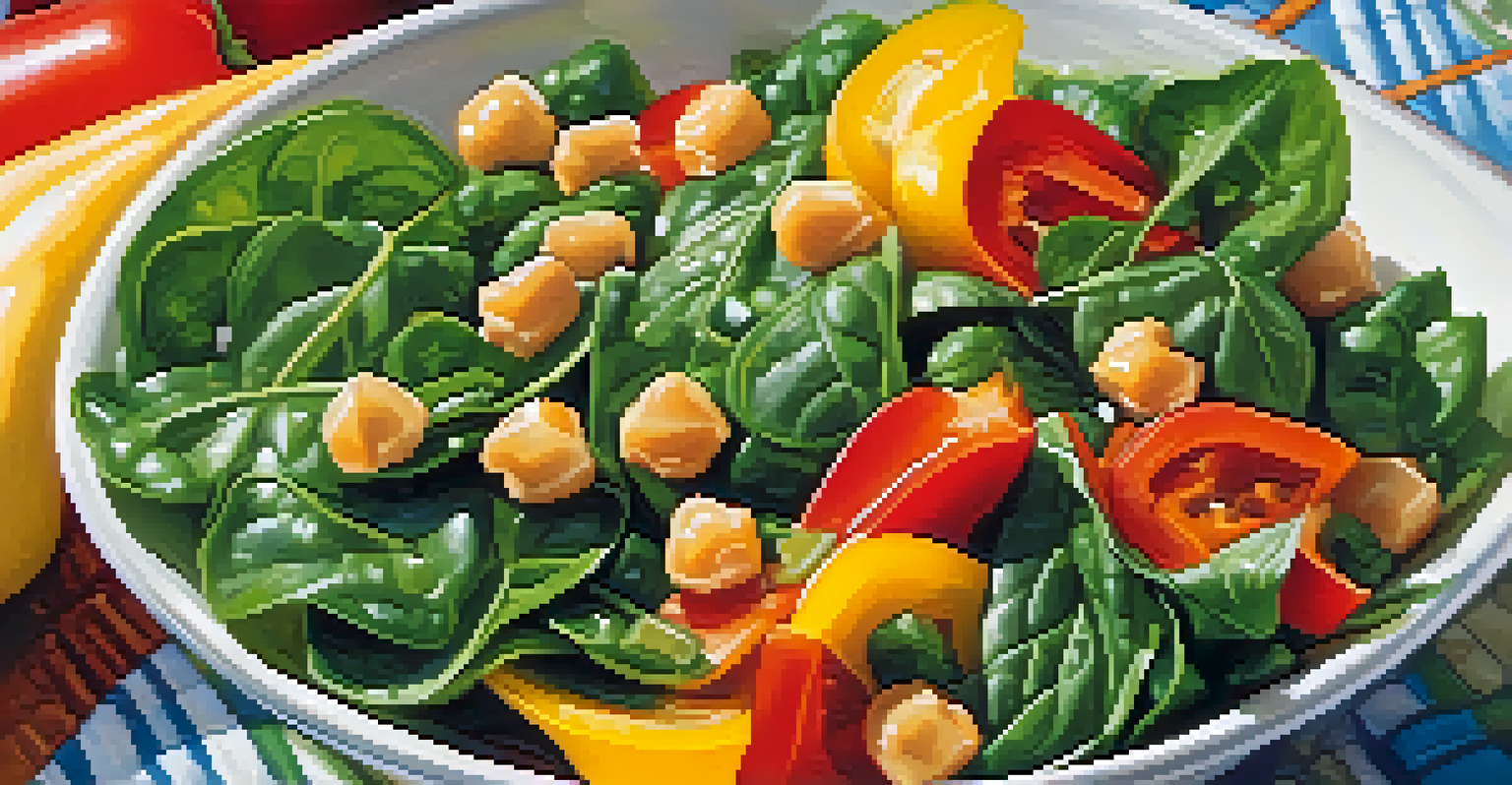 A colorful salad bowl filled with spinach, chickpeas, and bell pepper, seasoned with lemon juice, set against a softly blurred kitchen background.