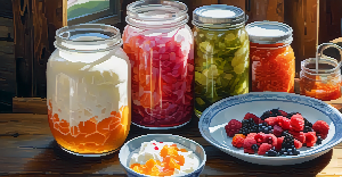 A colorful display of fermented foods including yogurt with berries, sauerkraut, kimchi, and kombucha on a wooden table bathed in natural light.