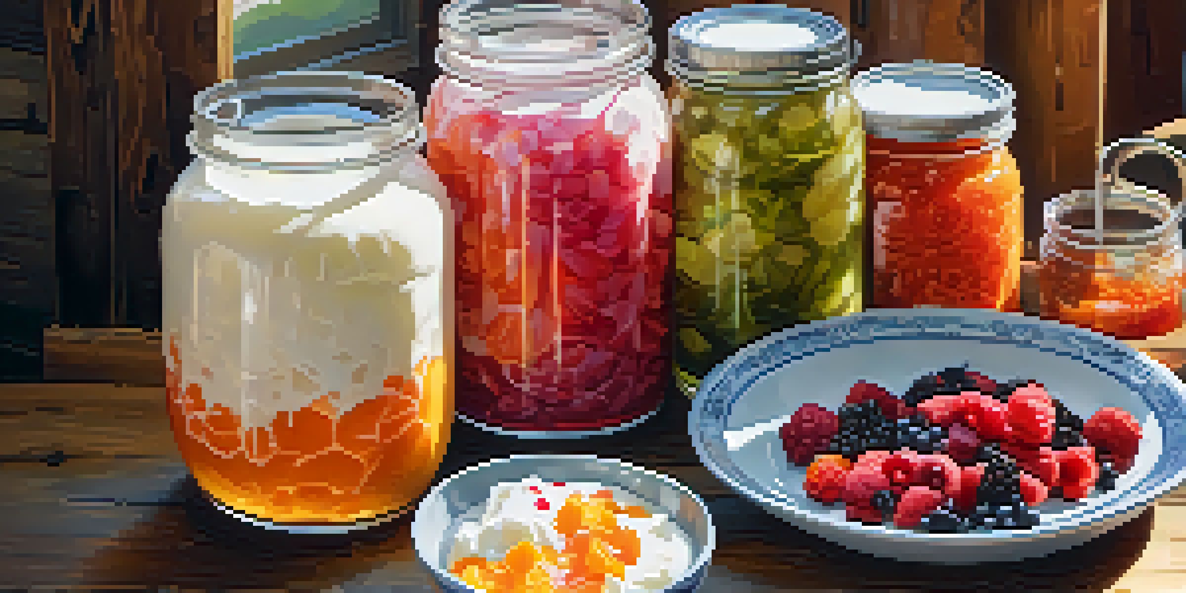 A colorful display of fermented foods including yogurt with berries, sauerkraut, kimchi, and kombucha on a wooden table bathed in natural light.