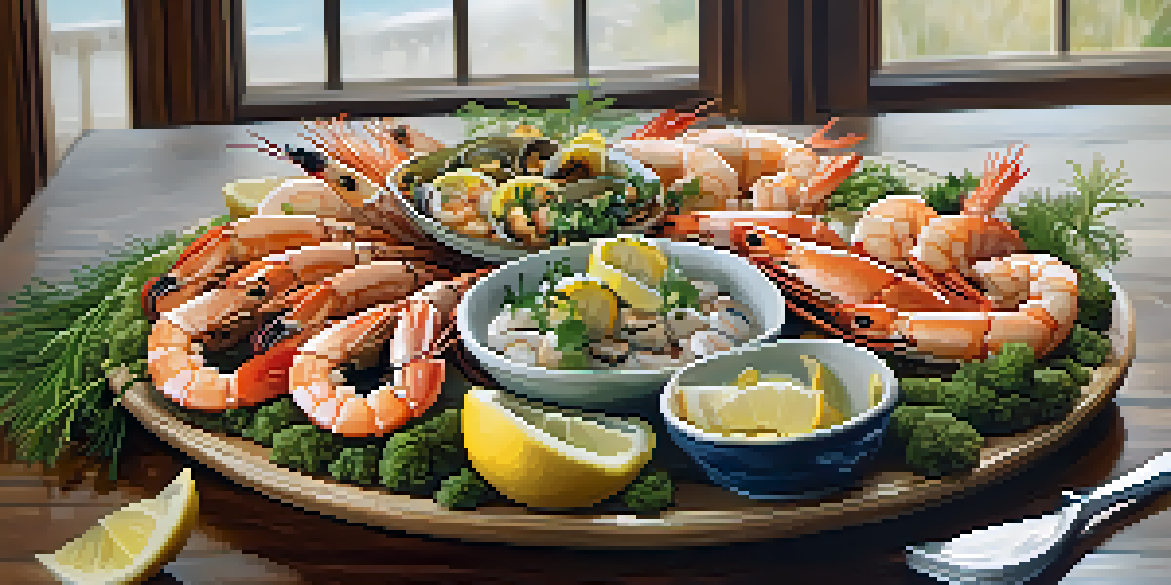 A seafood platter with grilled shrimp, salmon, and shellfish, garnished with herbs and lemon on a wooden table.