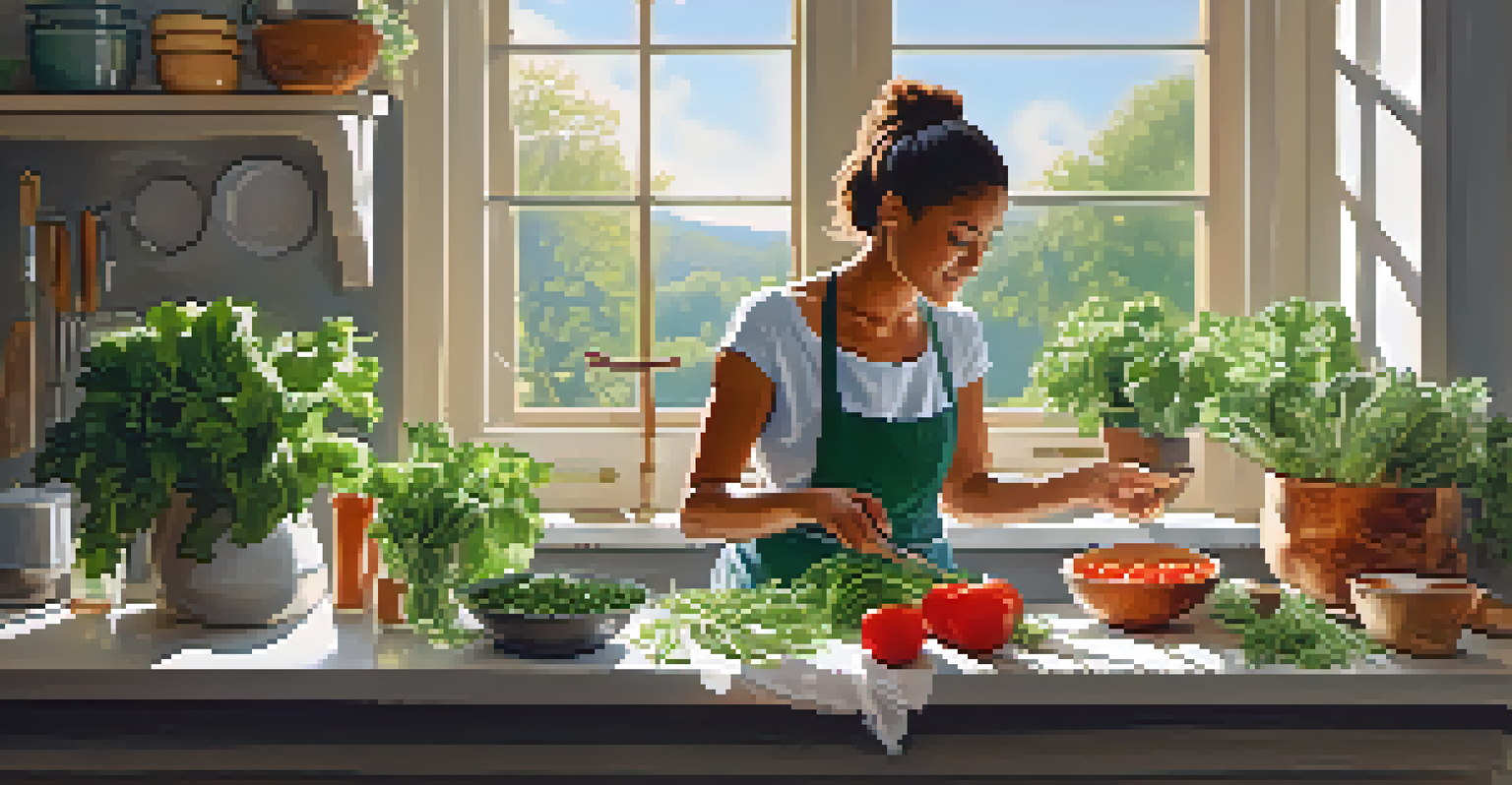 A peaceful kitchen scene with a person preparing a plant-based meal, sunlight streaming through the window, highlighting fresh ingredients on the counter.