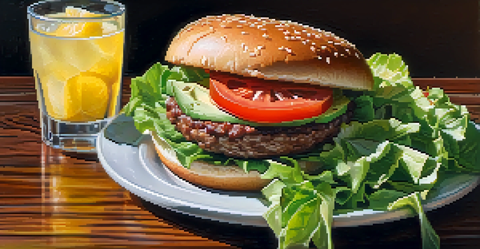 A close-up of a plant-based burger with fresh ingredients on a wooden table.