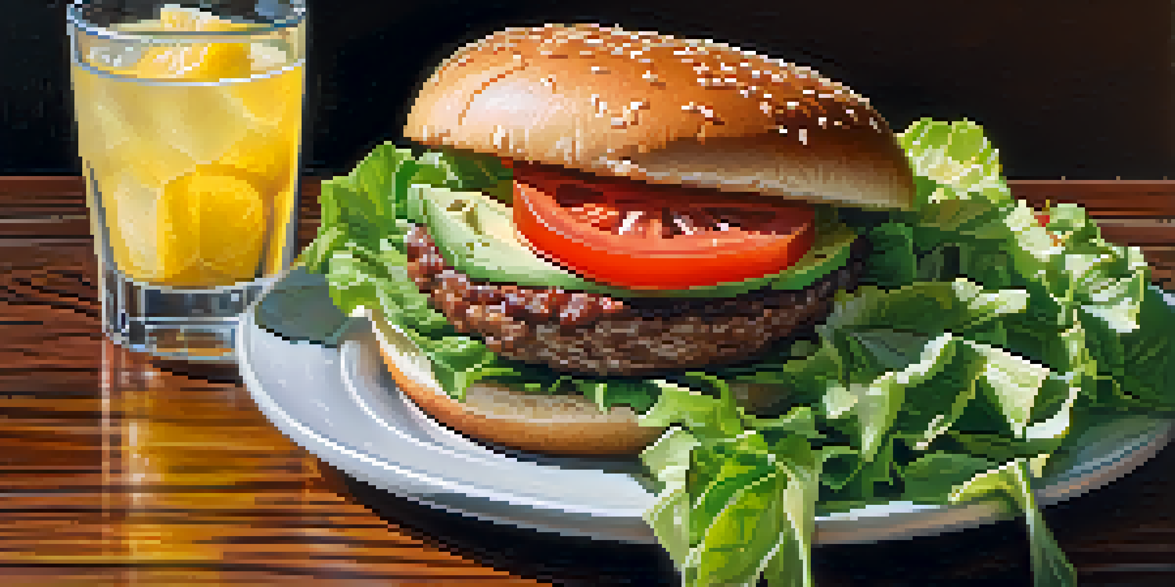 A close-up of a plant-based burger with fresh ingredients on a wooden table.