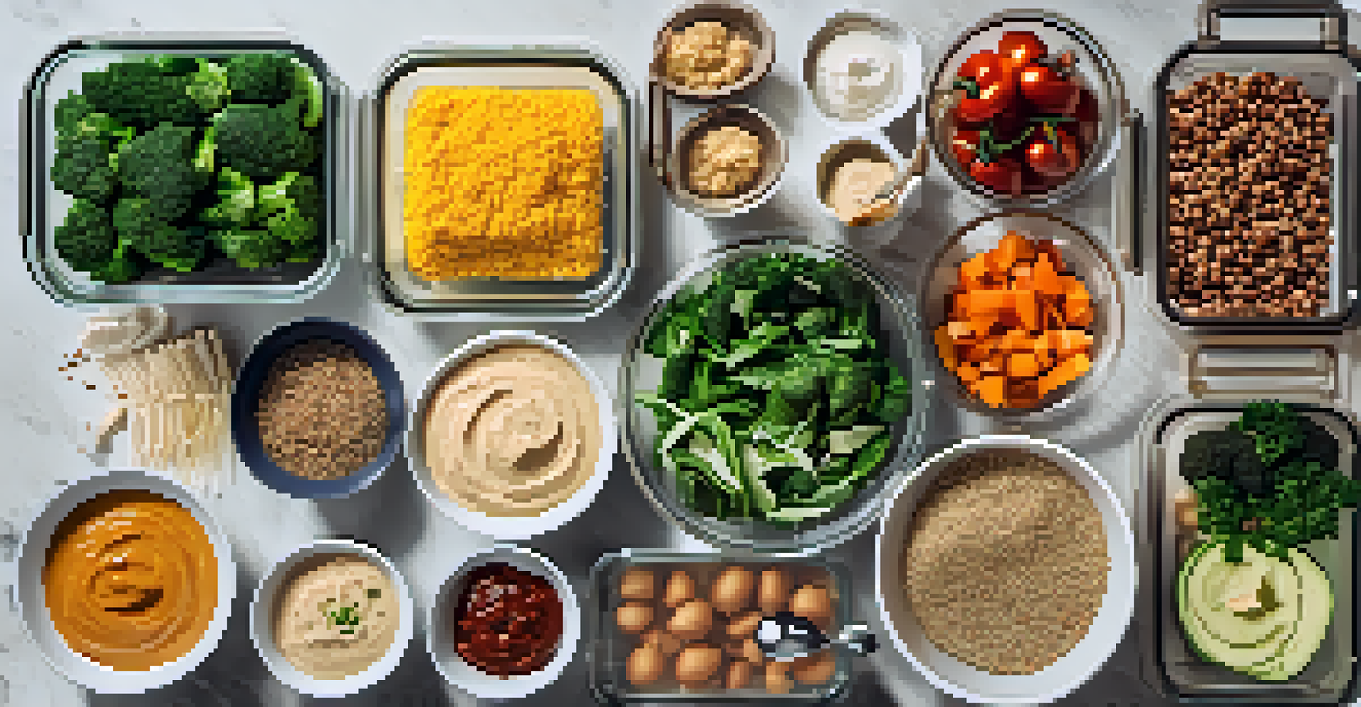 A meal prep station with bowls of quinoa, roasted vegetables, and hummus, all labeled with serving sizes, set on a kitchen countertop.