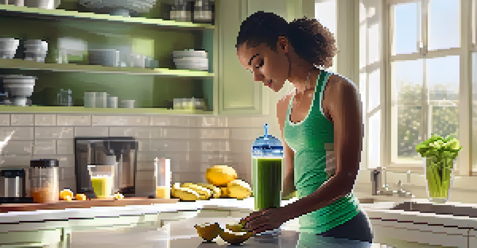An athlete preparing a healthy smoothie in a bright kitchen, with fresh ingredients like spinach and bananas displayed on the countertop.