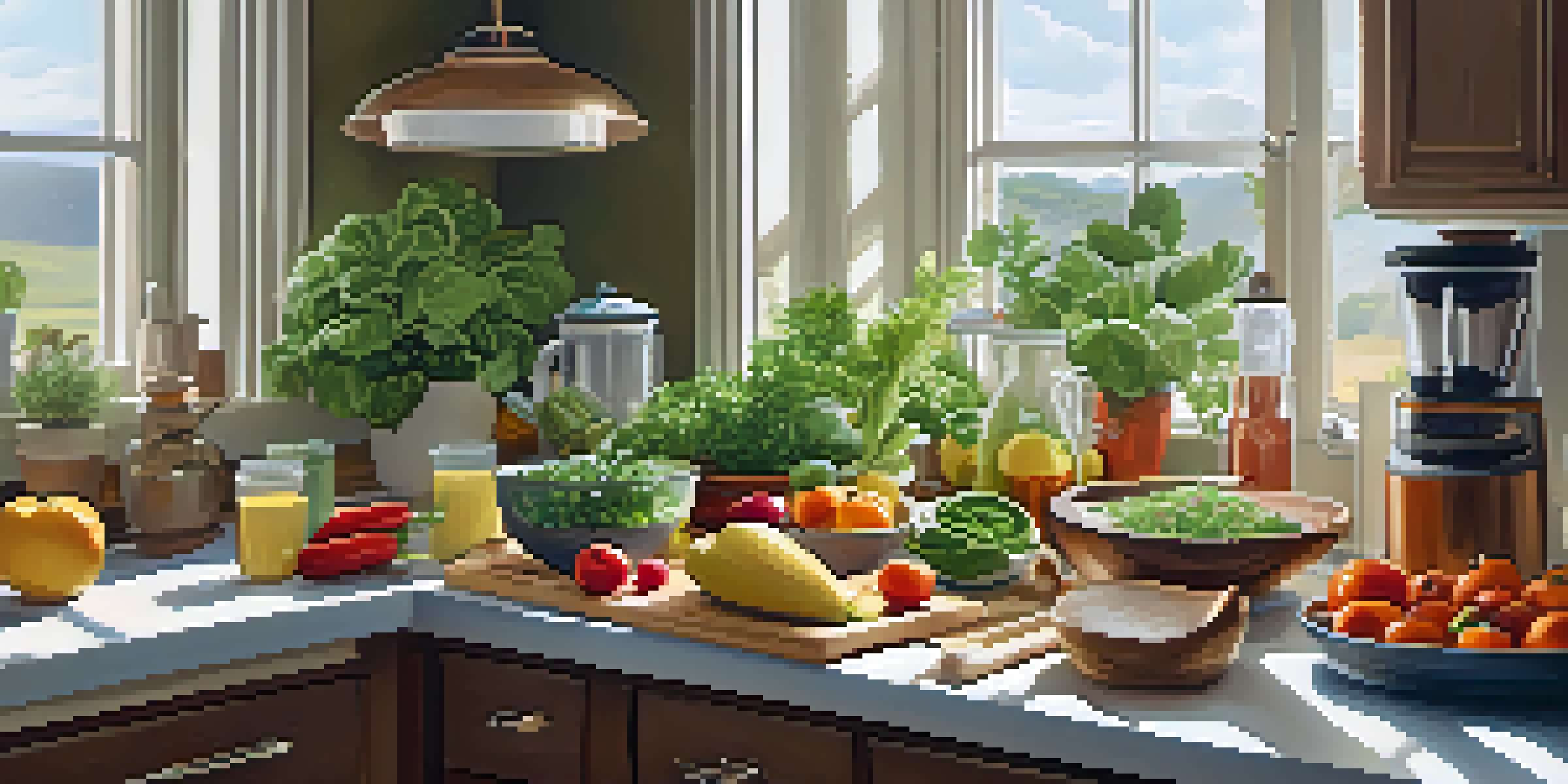A bright kitchen filled with fresh vegetables, fruits, and herbs on the countertop, with natural light illuminating the scene.