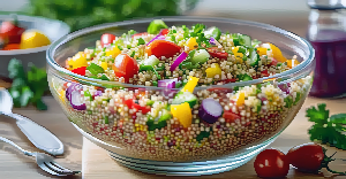 A colorful quinoa salad in a glass bowl with bell peppers, cucumbers, cherry tomatoes, and red onion, garnished with parsley.