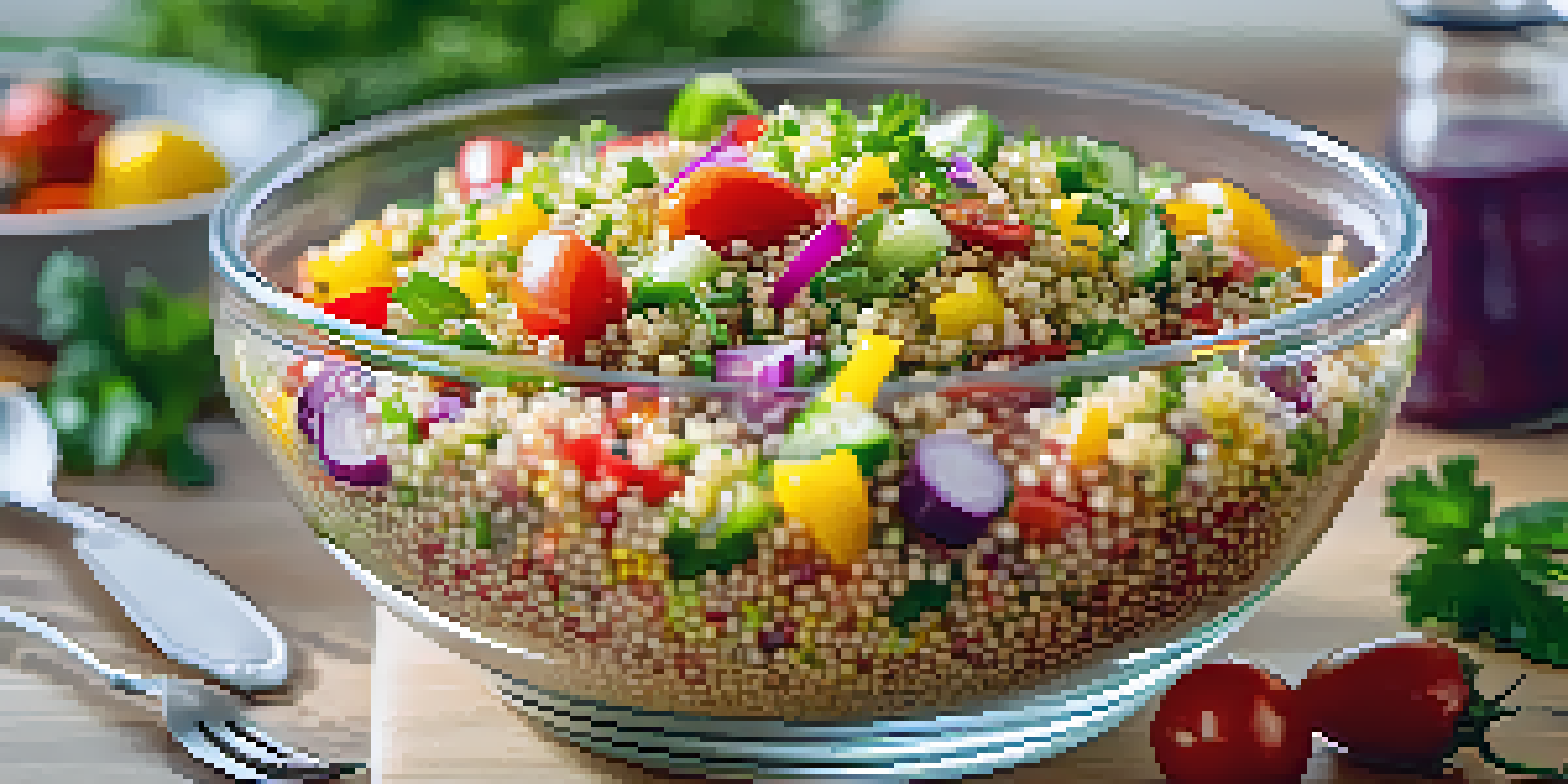A colorful quinoa salad in a glass bowl with bell peppers, cucumbers, cherry tomatoes, and red onion, garnished with parsley.