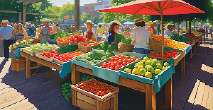 A lively farmer's market with colorful fruits and vegetables, sunlight filtering through trees, and shoppers browsing.