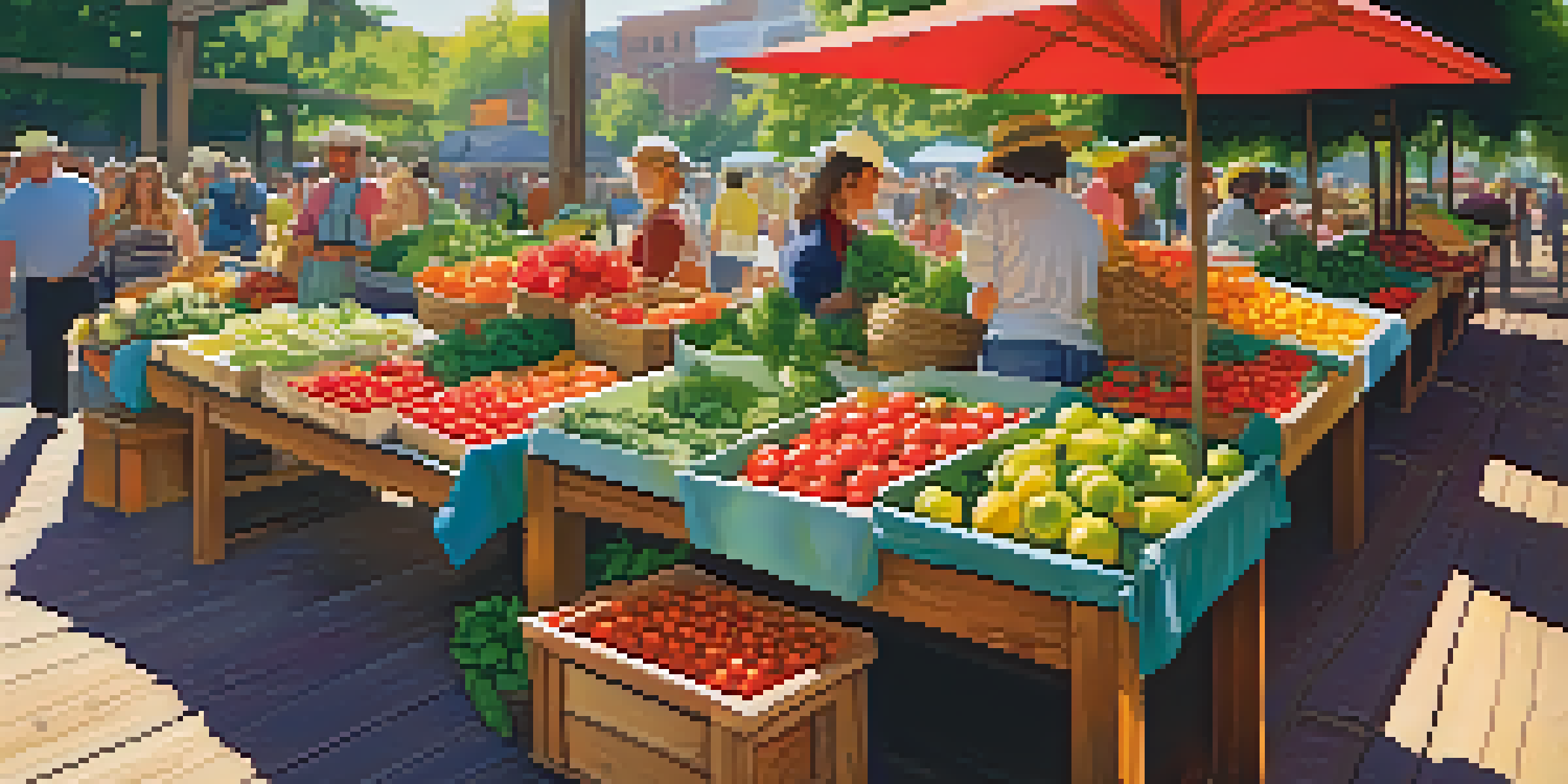 A lively farmer's market with colorful fruits and vegetables, sunlight filtering through trees, and shoppers browsing.