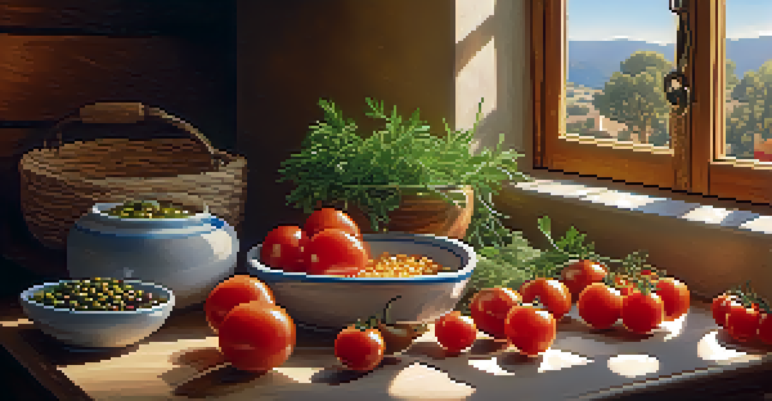 A rustic kitchen countertop with fresh Mediterranean ingredients like tomatoes, olives, and herbs, illuminated by warm sunlight.