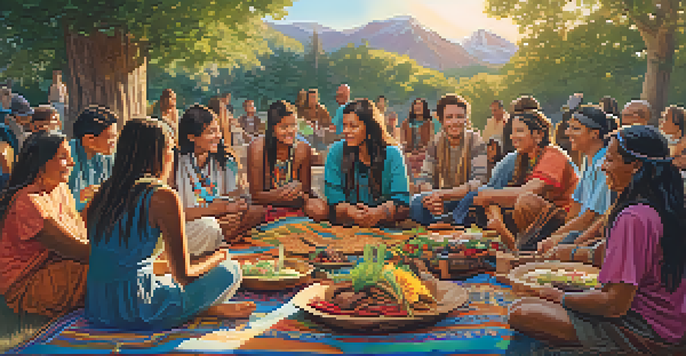 A Native American community gathering with traditional vegetarian dishes on a blanket, surrounded by nature and people sharing stories.