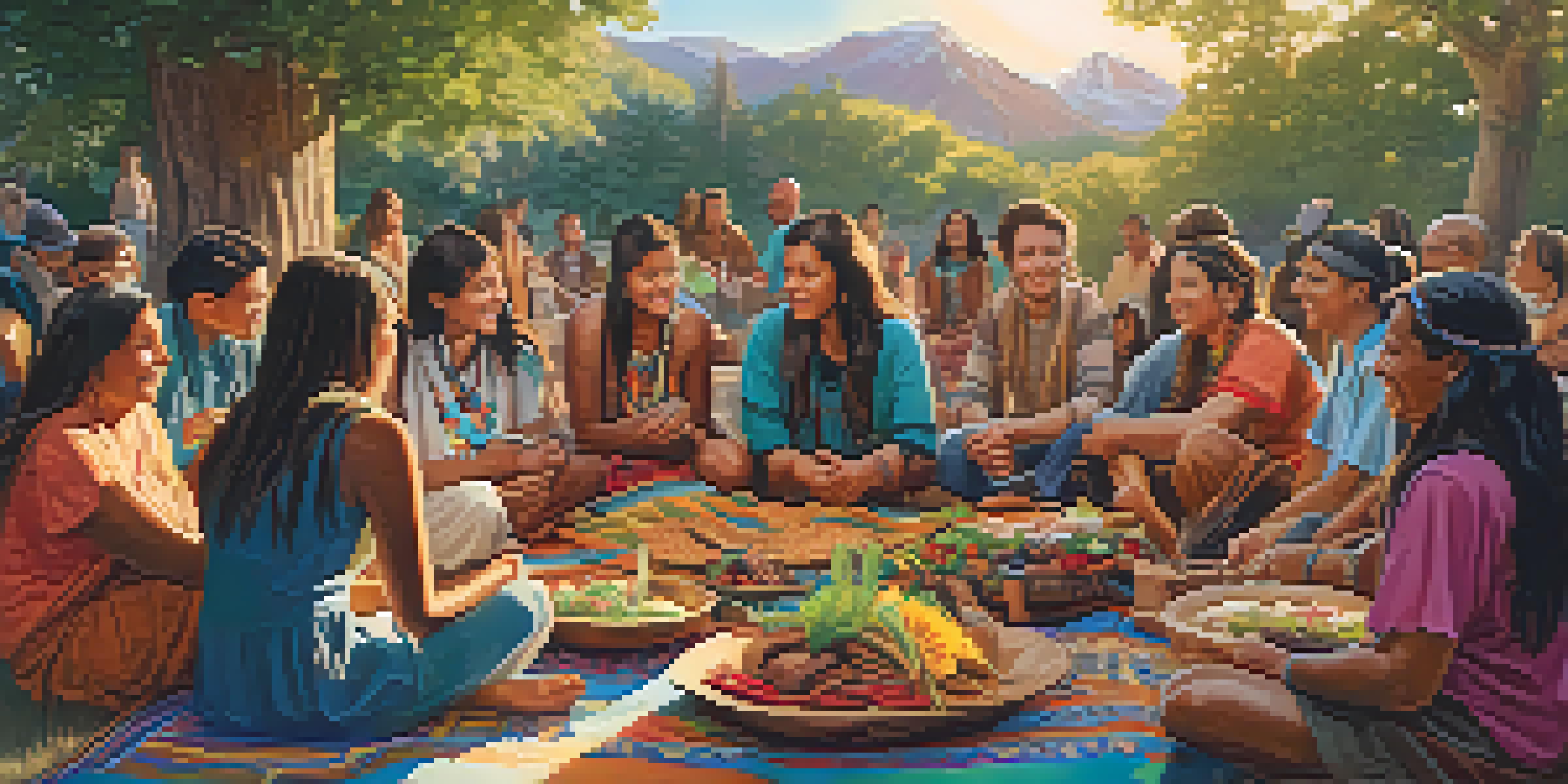 A Native American community gathering with traditional vegetarian dishes on a blanket, surrounded by nature and people sharing stories.