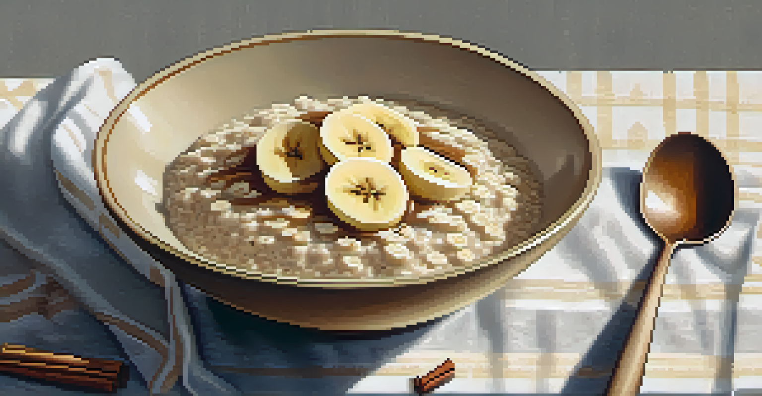 A steaming bowl of oatmeal topped with sliced bananas, cinnamon, and honey, placed on a textured linen cloth with natural light illuminating it.