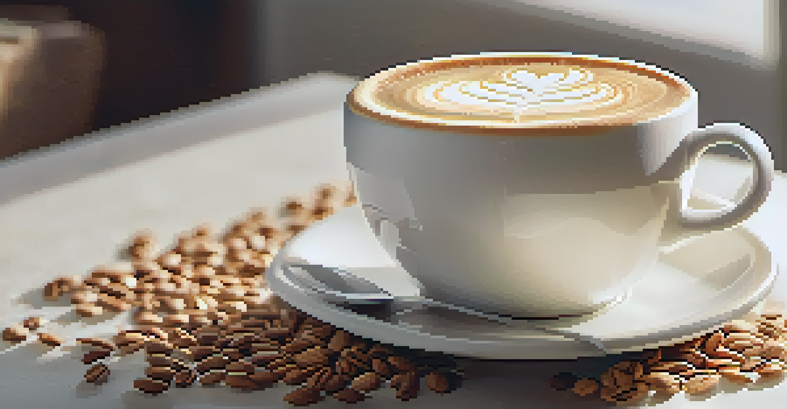 A close-up of an oat milk latte with latte art, surrounded by oats and coffee beans on a light countertop.