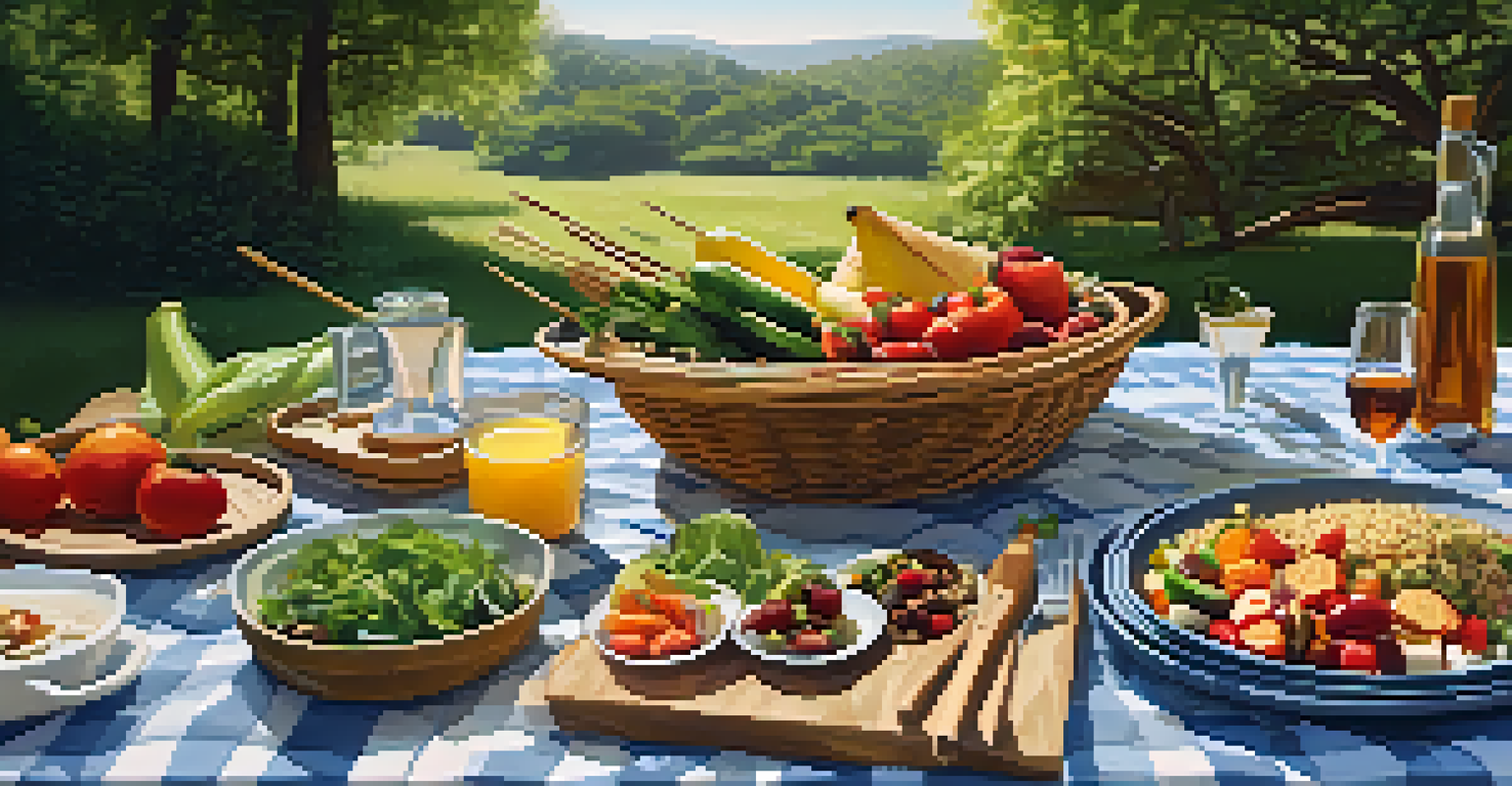 An outdoor picnic setup with a wooden table filled with vegetarian dishes, surrounded by greenery and sunlight, creating a serene atmosphere.