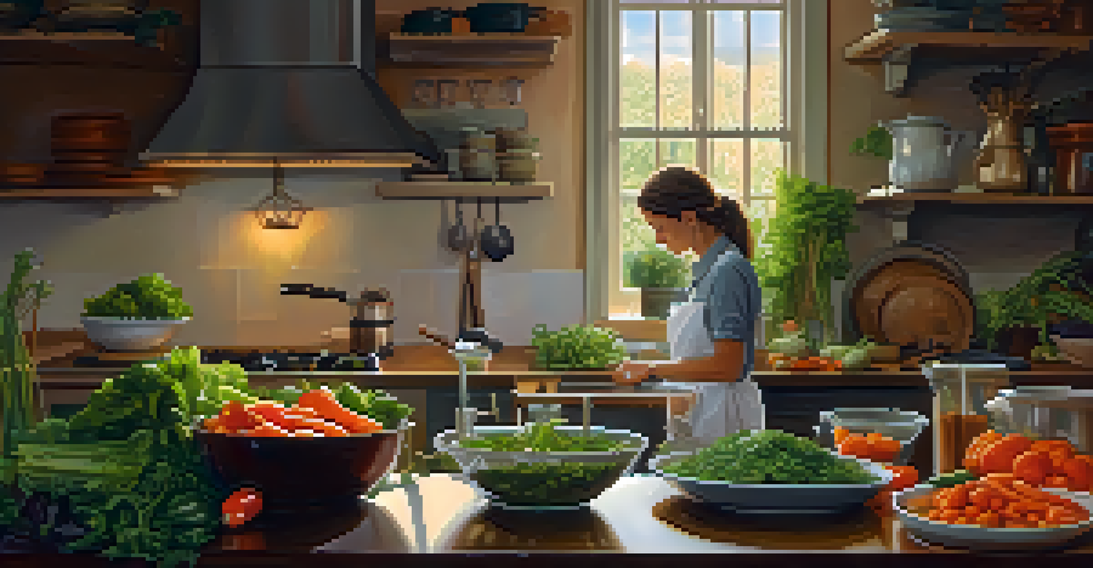 A person preparing a vegetarian dish in a cozy kitchen surrounded by fresh vegetables.
