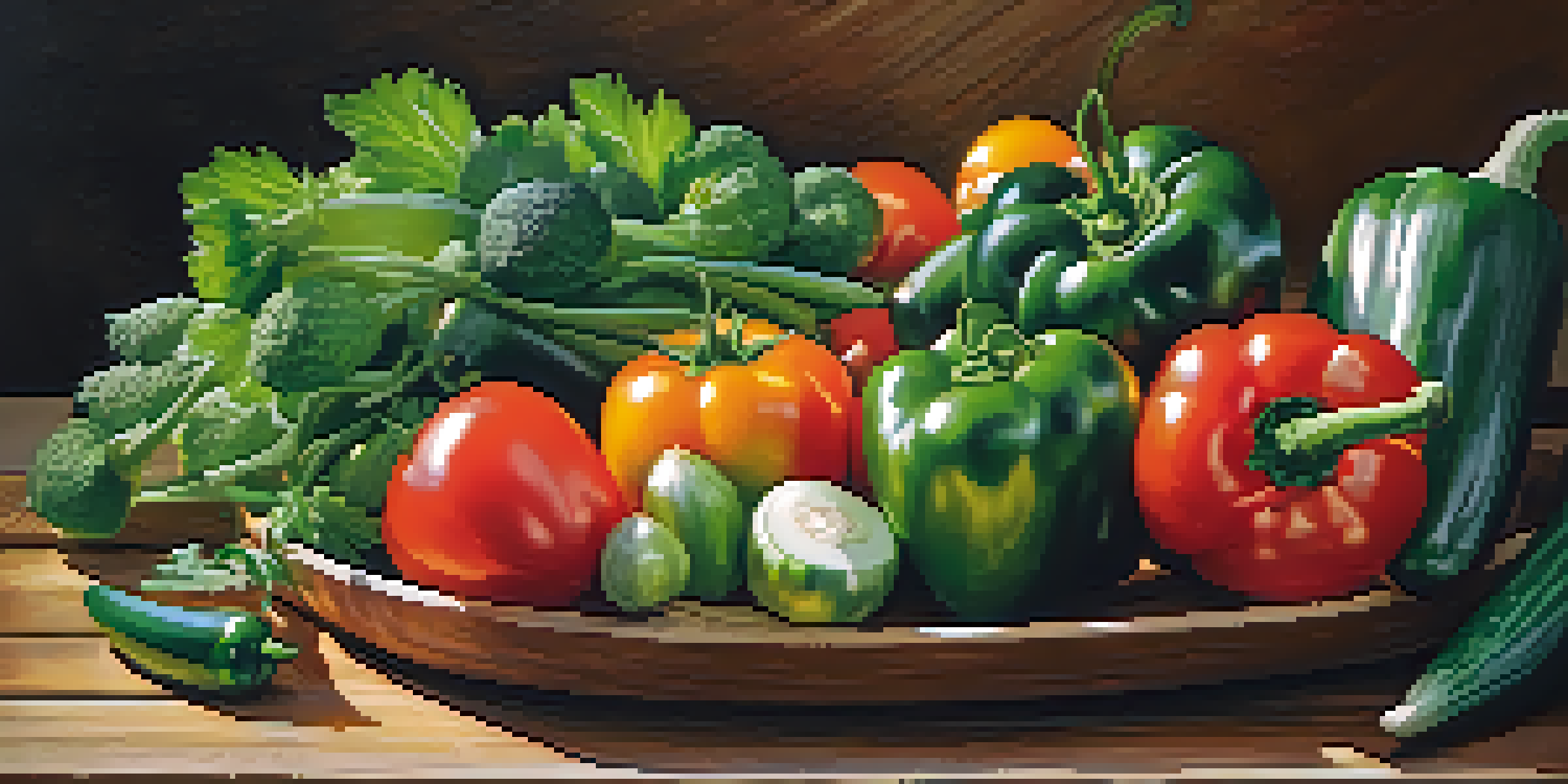 A colorful assortment of fresh vegetables displayed on a wooden table, showcasing their vibrant colors and textures.