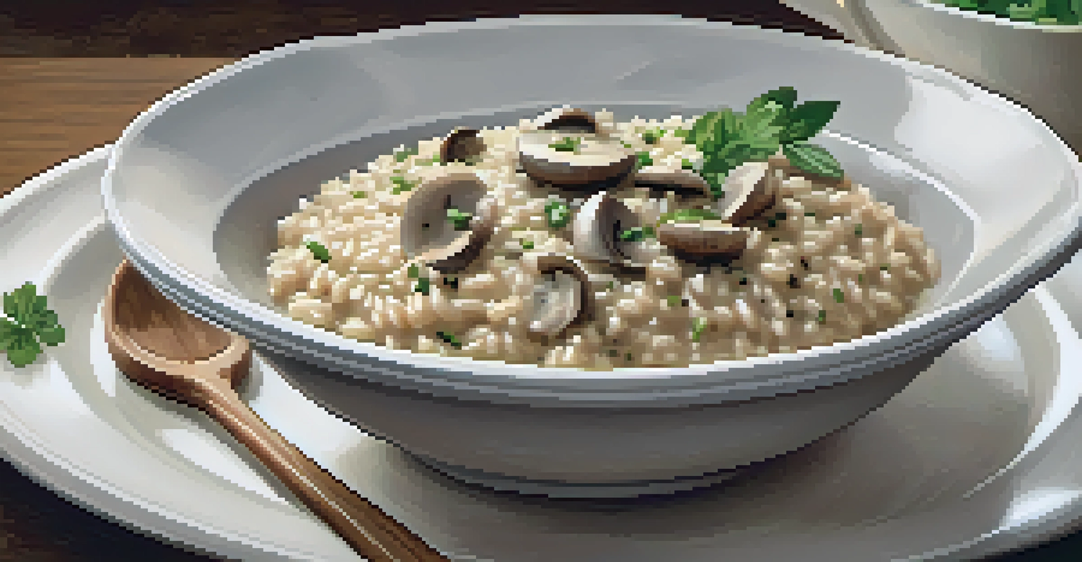 A bowl of creamy mushroom risotto topped with parmesan, surrounded by fresh mushrooms and herbs.