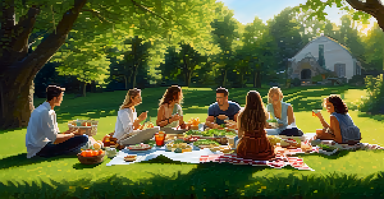 A group of friends enjoying a picnic on a green lawn, featuring a spread of colorful vegetarian dishes and fresh fruits.