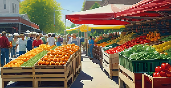 A bustling farmer's market with fresh fruits and vegetables, sunlight casting shadows on the ground.