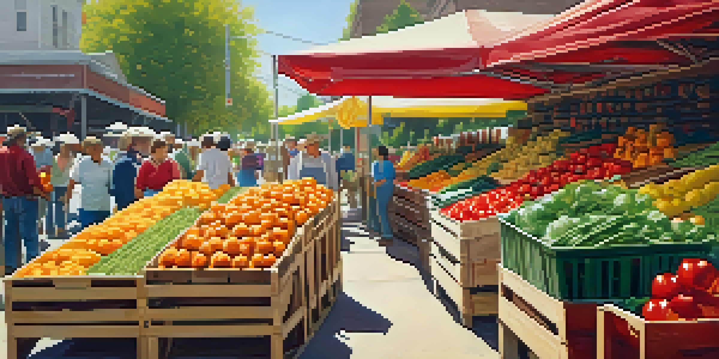 A bustling farmer's market with fresh fruits and vegetables, sunlight casting shadows on the ground.