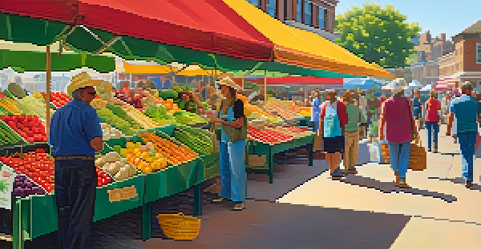 A lively farmer's market filled with fresh fruits and vegetables, with colorful stalls and people shopping under a warm sun.